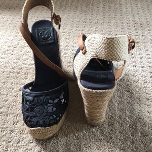 Tory Burch black wedge sandals. Size 8M.